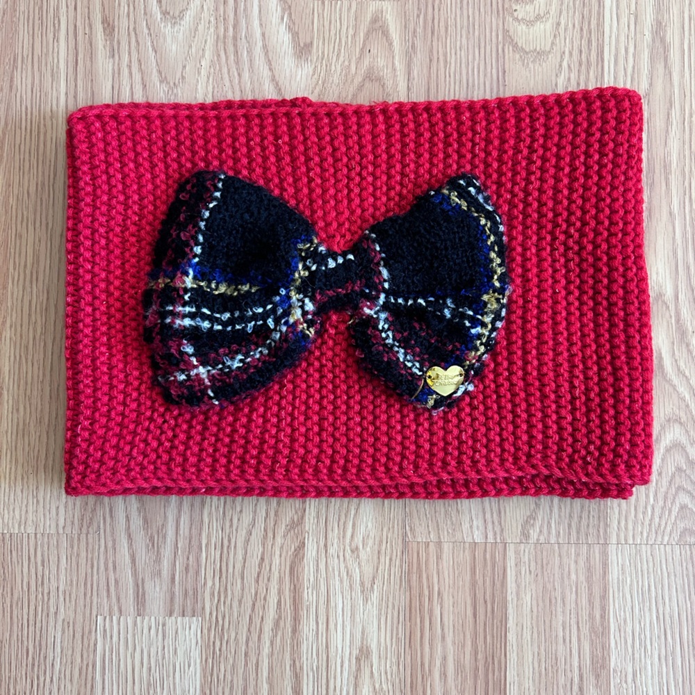 Betsey Johnson Red Knitted Scarf with Black Plaid Bow